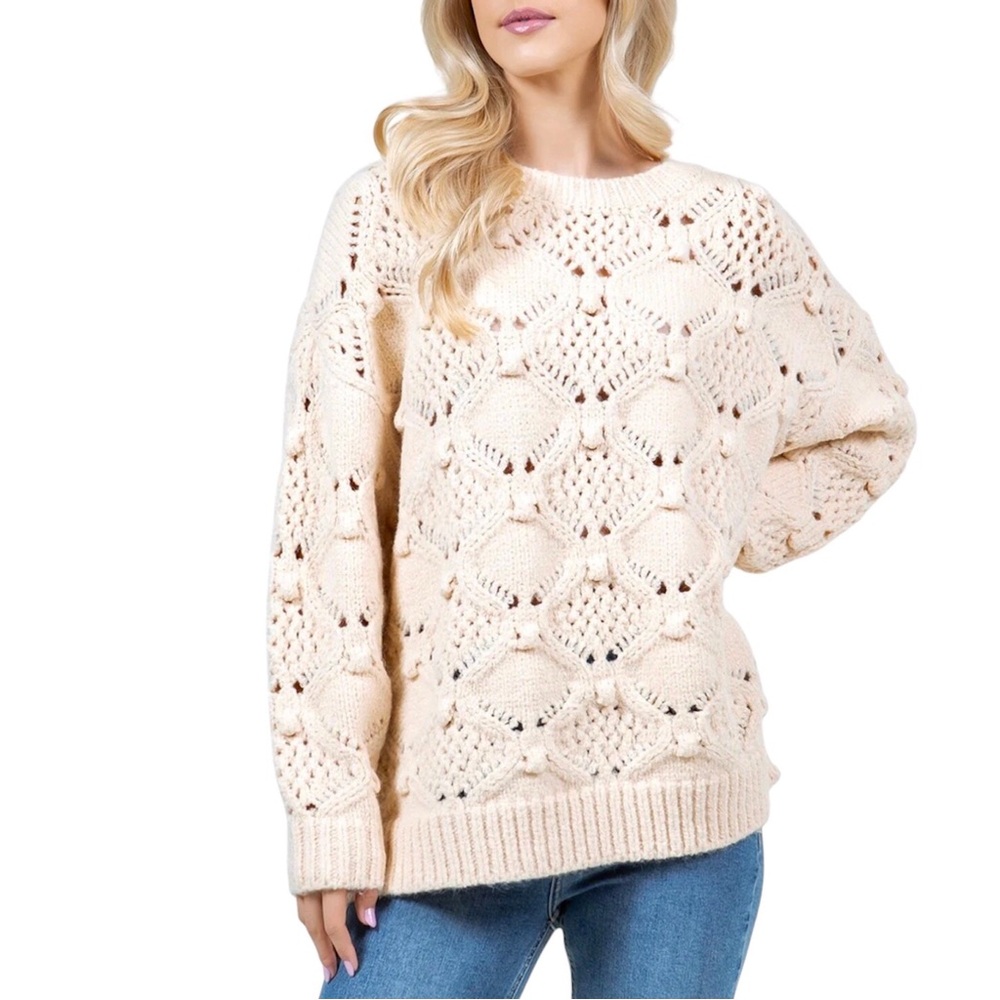 American Eagle Sweater Cream Crochet Knit Oversized Wool Blend Size XS